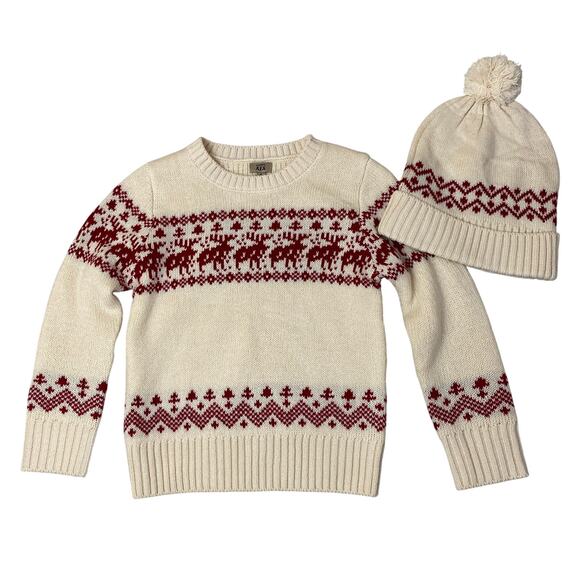 Maximus Rex Kids Fair Isle Sweater Hat Set Cream Red Reindeer Nordic Holiday NWT - Picture 1 of 7